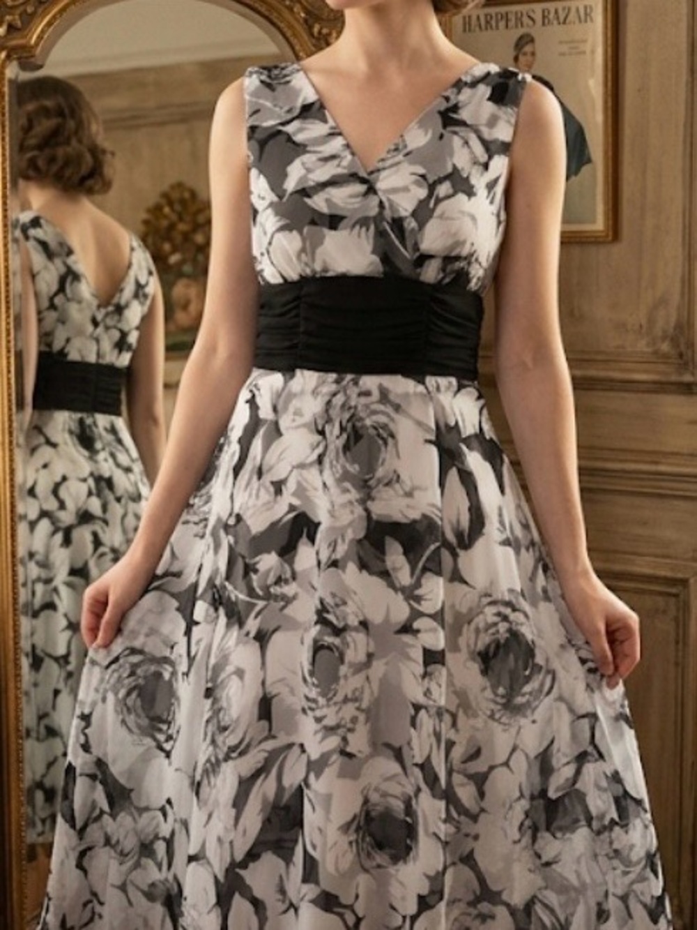 connected apparel Black and White Floral V-Neck Prom Dress with Cinched Waist